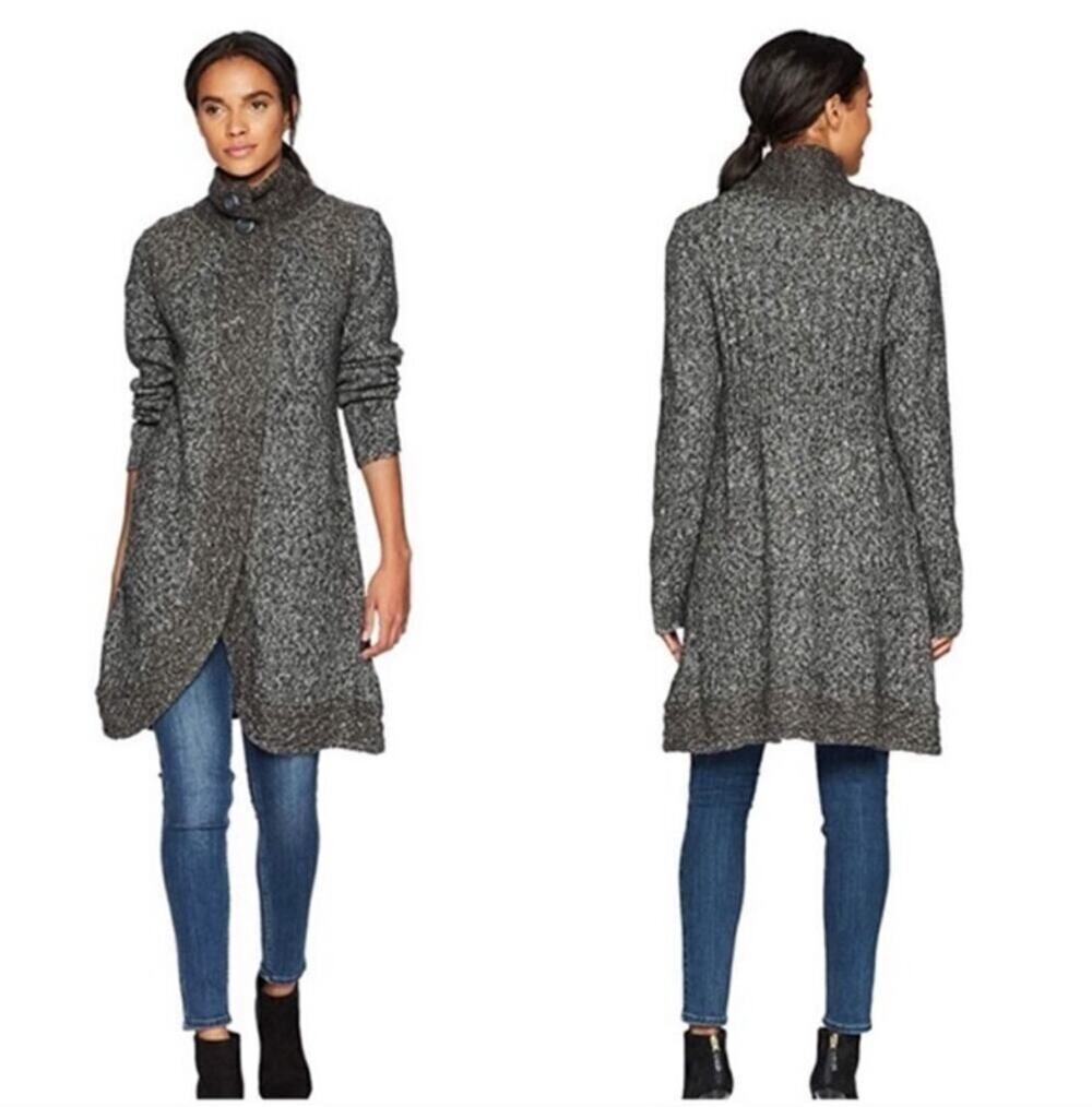 Prana Angelica Duster Cardigan Sweater Womens Small Gray Rib Knit Collar Cozy